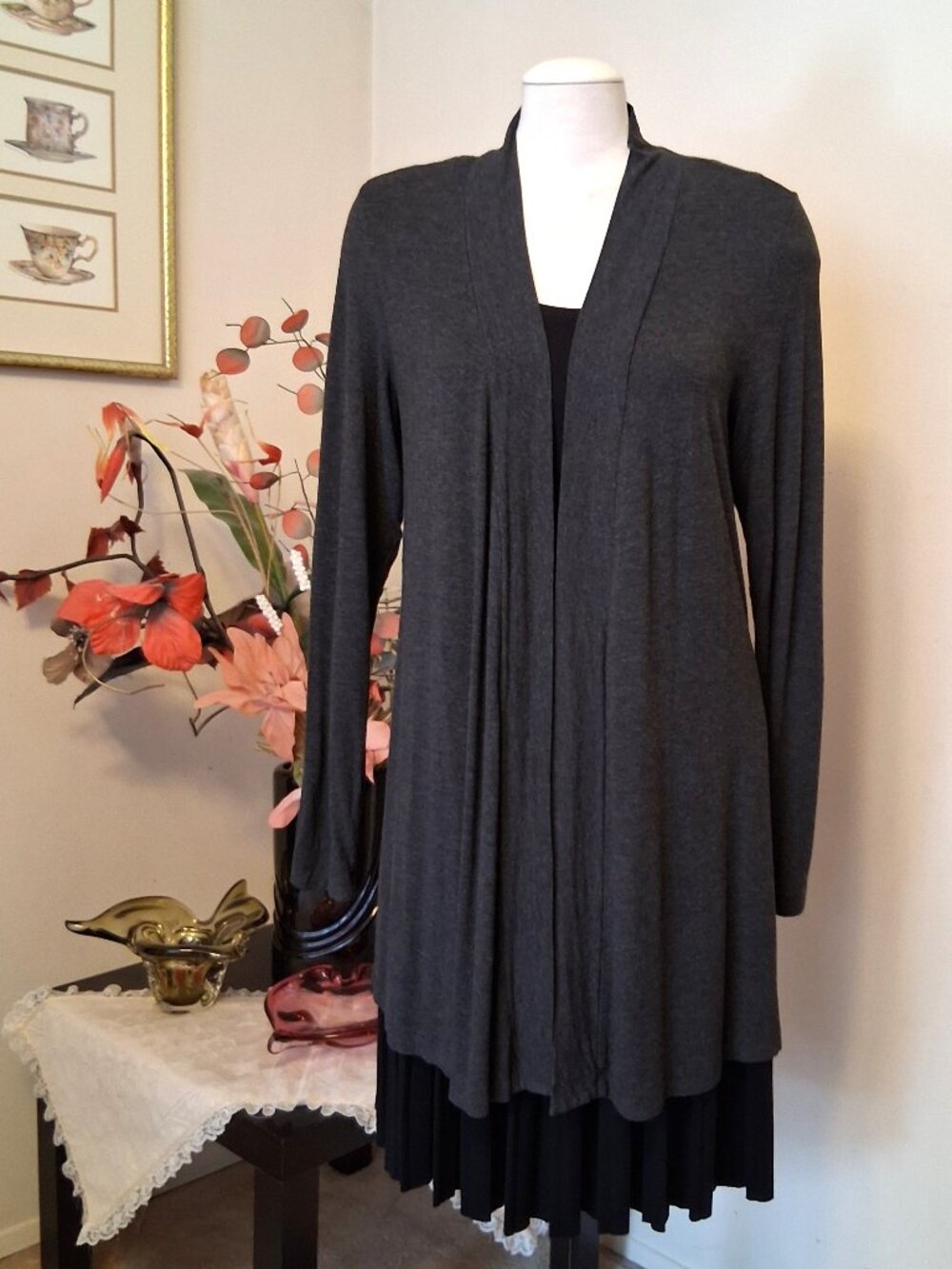 NWOT Nicole Miller Women's Gray Open Front Coat Spring Fall Outerwear Size L/G